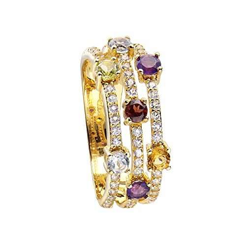 Duran Exquse Anillo triple colección Melodía de Colores realizado en plata 925 con citrino, amatista, topacio azul y blanco, peridoto y granate bañado en oro amarillo