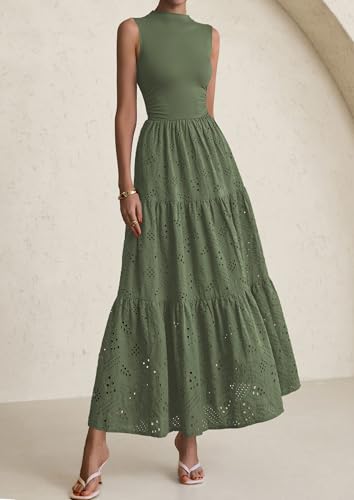 Image of PRETTYGARDEN Summer Dresses for Women 2026 Casual Eyelet Sleeveless Wedding Guest Maxi Dress Tank Top Sundress with Pockets