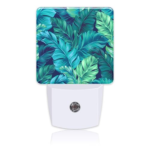 Image of Night Light Plug into Wall Turquoise and Green Tropical Leaves Night Light with Dusk to Dawn Sensor Night Light for Kid Girls Boys Women Room Decor,Hallway,Kitchen,Bathroom,Nursery,Stairs