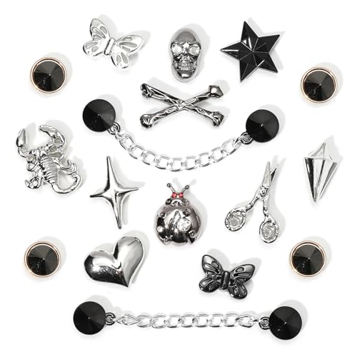 Arrebolli 17Pcs Goth Shoe Charms for Sandals Plastic Punk Rivets Shoe Chains Black Spike Emo Skull Ghost Punk Shoe Decoration Charms for Girls