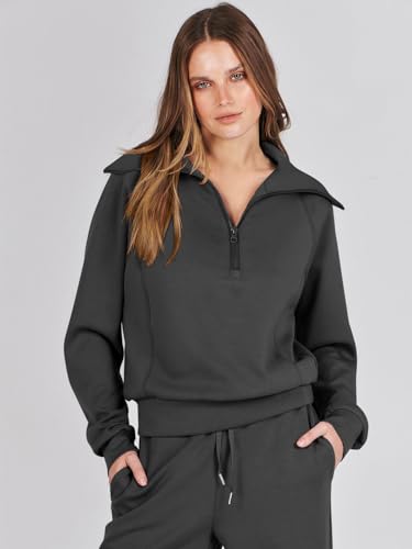 Caracilia Two Piece Outfits for Women Lounge Matching Sets 2 Piece Sweatsuit Sets 2023 Trendy Clothes Sweat Suit Half Zip Sweatshirt and Wide Leg Pants Fall Winter Jogger Tracksuit A1088heise-M Black