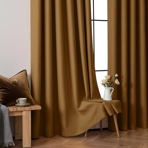 Image of MIULEE Golden Brown Blackout Bedroom Curtains Drapes 96 Inch Long 52 inchx96 inch | Grommet Top, Room Darkening Window Drapes, Privacy Protection, Thermal Insulated, Heat Blocking, Light Blocking