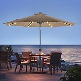 wikiwiki 10ft Solar Led Patio Umbrella, Sturdy Outdoor Market Umbrella for Deck, Pool, Garden w/Tilt, Crank, 32 LED Lights, Tan