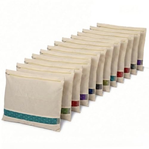 DIYAGREEN Cotton Saree Bags/Covers For Storage Set Of - 12 Big Size Single (16 X 14 Inches) With Zip Closure For Clothes Bags And Wardrobe Organizer With Transparent Mesh Window, Beige