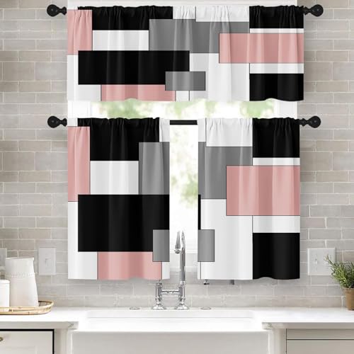 Tayney Kitchen Curtains Sets for Windows 52x36 Inch, 3 Pack, Pink Grey Art