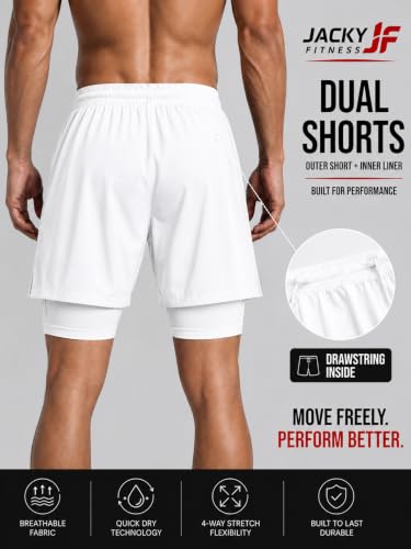 Image of Men's 2-in-1 Dual Layer Workout Shorts with Compression Liner, Phone Pocket, Quick-Dry Athletic Running Shorts for Gym, Training, Sports & Fitness