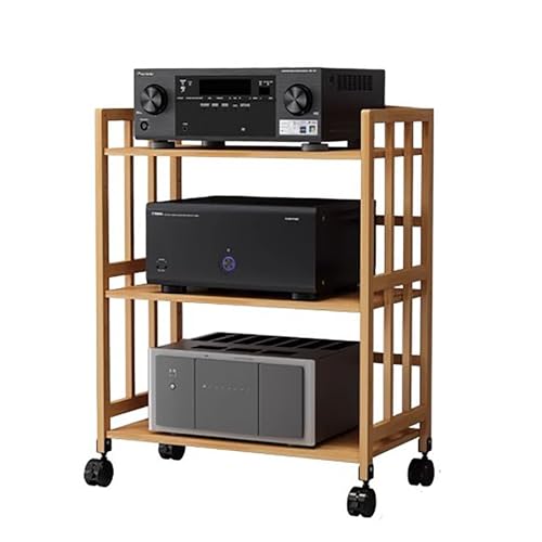 Soporte de TV de bambú con ruedas Adjustab estéreo y estante multimedia para amplificadores de equipos y discos de vinilo. Muebles elegantes para entretenimiento en el hogar