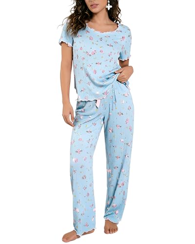Pyjama pour femme ensemble fleuri d'été vêtements de nuit côtelés manches courtes