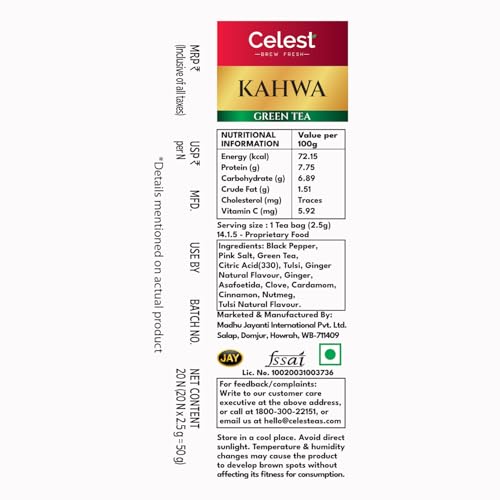Image of Celest Kahwa Green Tea, 20 Tea Bags | Helps in Detox | Contains Desi Herbs & Spices