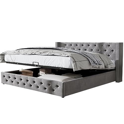 SACOOL Cama tapizada en forma de almohada de 140 x 190 cm con doble fila de remaches en franela, ojales cosidos, función hidráulica, base de cama impermeable de vellón negro, gris