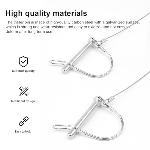 TIANLIN Sicherungsstift 4 Stück Rohrklappsplinte 8,0mm x 70mm, Kohlenstoffstahl Klappsplint in D-Form mit Schlüsselring Anti Verlust Seil, für Autos, Anhänger, Fahrräder