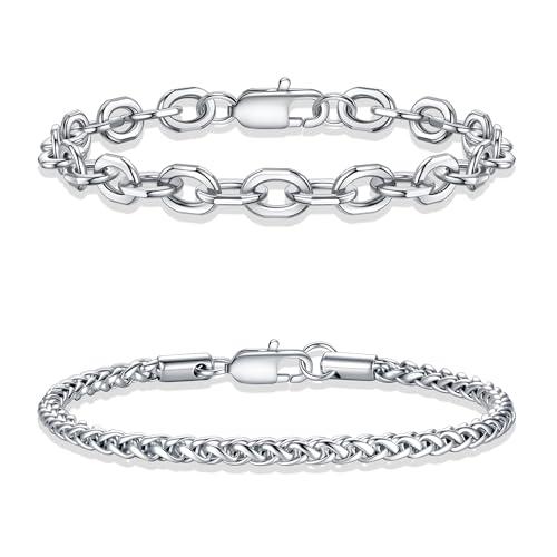 Yoosteel Silver Chain Bracelets Set for Men - Silver Stainless Steel Mens Stackable Bracelet Thick...
