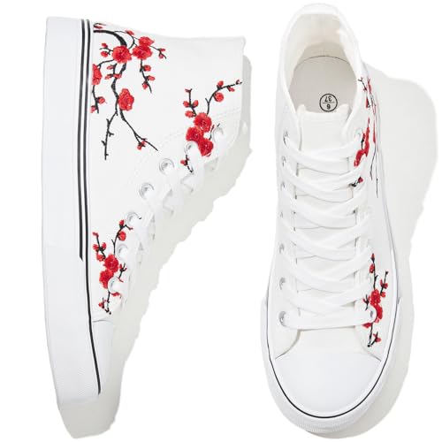 kufeiti Women's Embroidered High Top Canvas Sneakers White Floral Lace-up Comfortable Casual Fashion Sneakers(White PB, US9)
