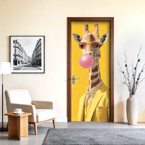 Image of Giraffe Door Cover, Bubble Gum Pop Art Door Sticker, 30.3x78.7in