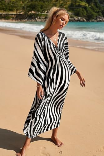 Image of IMAGEKOPE Women's Plus Size Animal Print V-Neck Batwing Kaftan Beach Dress Bathing Suit Cover-Up Loungewear