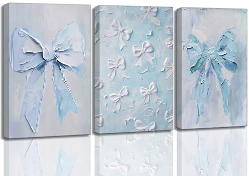 Image of 3Pcs Trendy Blue Bow Canvas Wall Art Vintage Cute Preppy Watercolor Bow Painting Pictures Wall Decor Posters Prints Girly Aesthetic for College Apartment Bedroom Decoration