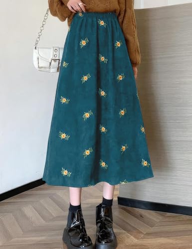 COZYPOIN Women’s Corduroy Long Skirt Spring Fall Embroidery Floral A-Line Skirt Vintage Elastic High Waist Ruffle Maxi Skirt4