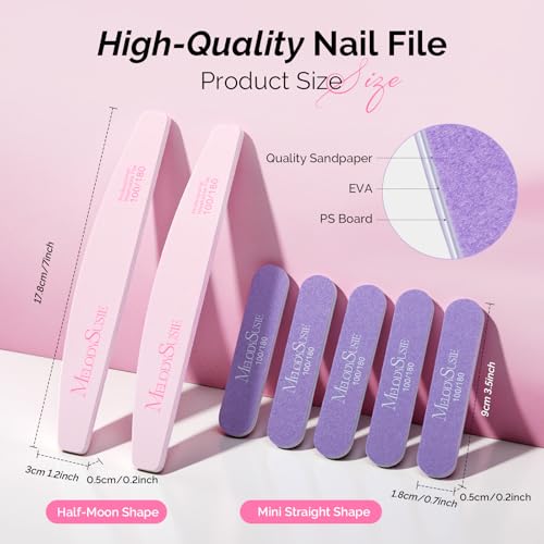 Image of MelodySusie 7Pcs Nail Files 100 /180 Grit, 2 Standard & 5 Mini Mixed-Shape Professional Emery Boards for Acrylic, Gel and Natural Nails, Portable Travel Manicure Pedicure Shaping Tools, Pink & Purple