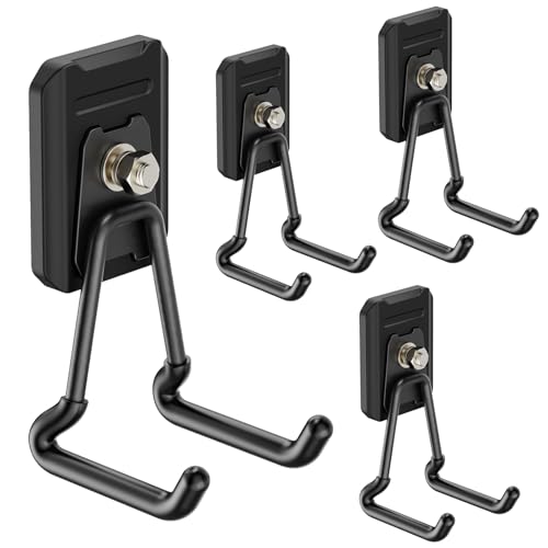 SKNOOY Heavy Duty Magnetic Garage Hooks 4 Pack Strong Large Magnet Hook for Power Drill Garden Tools Hose Pegboard Garage Workshop Magnetic Storage Hooks for Indoor Outdoor Hanging(Black)