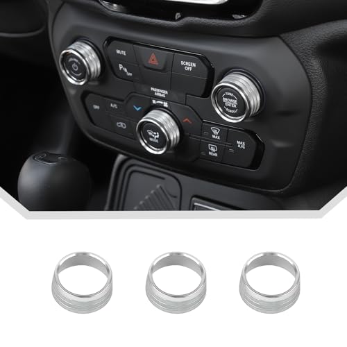 JeCar Silver Aluminum AC Radio Knob Cover Fit for 2018-2022 Jeep Renegade Interior Accessories | Air Conditioner Audio Volume Switch Knob Trim for 2018+ Renegade