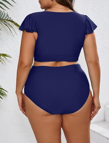 Eytino Womens Plus Size Two Piece Bikini Swimsuit Ruffle Sleeve High Waisted Tummy Control Bathing Suits Swimwear(1X-5X)2