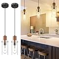 Emak 2 Pack Mini Black Pendant Light Fixtures, Modern Farmhouse Pendant Lights with Clear Glass Shade, 1-Light Hanging Light for Bedroom, Kitchen Island, Bathroom, Wood Grain Painted, PL120-BKL-2PK