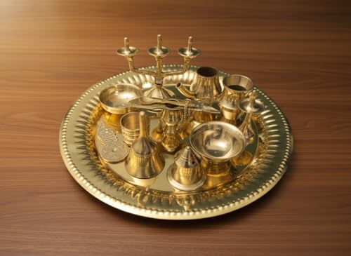 Image of Brass Ashtamangalya Pooja Set with Decorative Thali, Traditional Hindu Worship Kit, 10 inch, Gold (10 inch)