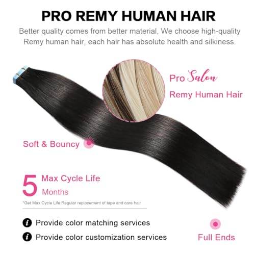 SUYYA Tape in Hair Extensions Natural Black 100% Remy Human 20 inches 20pcs 50g/pack Straight Seamless Skin Weft Hair(20 #1B Off Black) - Image 5