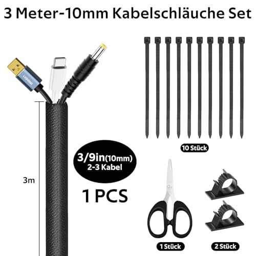 CoKeeSun Kabelschläuche 3 Meter-10mm, 14 Stück Hund und Katze Kabelschutzgitter Set, Flexibler Textilien Kabelmantel, Kabelmanagement für Schreibtisch, TV, Computer, PC, Kabelschutz