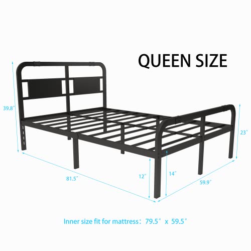Emiosmt 14 Inch Queen Size Metal Bed Frame With Headboard And Footboard,2500Lbs Heavy Duty Steel Slat Support Platform,No Box Spring Needed,Easy Assembly,Square Tube,Queen Frame #TOP1