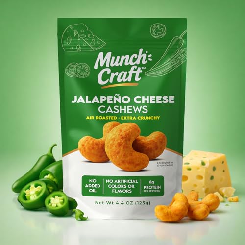 Image of Munch Craft Gourmet Jalapeno Cheese Cashews - Perfectly Balanced Flavor (Savory Cheddar & Zesty Heat) - Extra Crunchy Air-Roasted Nuts, Oil-Free - No Artificial Colors or Flavors - 4.4 oz (125g) Resealable Bag