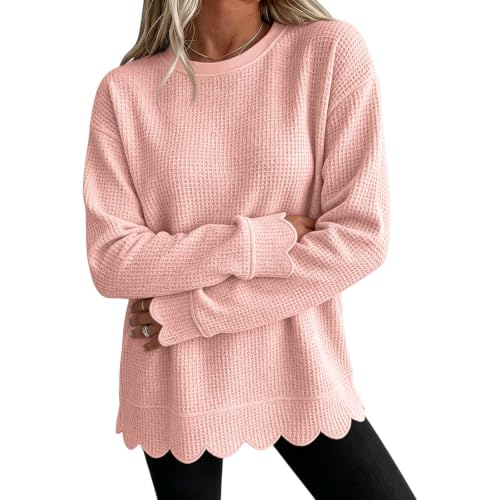 Waffle Knit Tops for Women Oversized Crew Neck Long Sleeve Scalloped Tops | Cute, Lightweight, Fall Winter Tops, Casual, Textured, Winter, Western, Holiday, Comfort, Streetwear, Pink - image 4