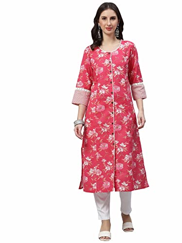 Image of Divena Pink Floral Cotton Flex A-Line Kurta (DBK1230-P)