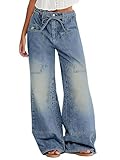 Flamingals Wide Leg Jeans for Women Drawsting Mid Waist Baggy Belted Wash Stitch Detai Trouser Jeans Sky BlueXL
