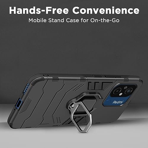 Image of Pikkme Redmi 12C / Poco C55 Back Cover | D5 Tough Armor Bumper | 360 Protection Case | Ring Holder Stand Case (Black)