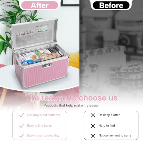 Image of Medicine Lock Box with Combination Lock - 15 x 8.7 x 9.4 Inches - First Aid Safe Medication Storage Box, Personal Items Safe Case for Home and Outdoor - Pink