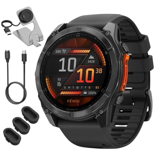 Image of Garmin Fenix 8 51mm AMOLED Sapphire Multisport GPS Smartwatch, Carbon Gray DLC Titanium with Black /Pebble Gray, 010-02905-20 - Bundle w /Deco Essentials Charging Dock, Dust Cover and USB-C Cable
