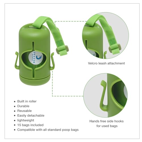 Image of DRAGON Waste Bags Durable Dispenser, Dog poop bags holder with Two Hooks on the side for Used Poop Bags, leash attachment strap and 15 Poop Bags (Pink)