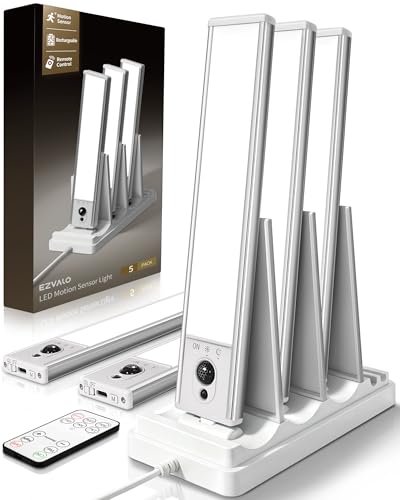 Image of EZVALO 5-Pack Under Cabinet Lighting with Charging Station, 2400mAh Motion Sensor Light, LED Coutner Lights Wireless, 6500K Dimmable, Timer, Magnetic, with Remote Control for Kitchen, Closet, Stair