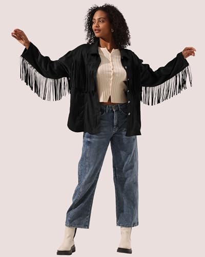 Locachy Women's Faux Suede Fringe Jacket Vintage Western Cowgirl Tassel Jackets Country Concert Outfits3