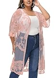 Anna-Kaci Women's Plus Size Lace Cardigan Embroidered Long Kimono Dusters with Half Sleeves, Mauve, 3X-Large-4X-Large