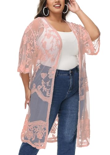 Image of Anna-Kaci Women's Plus Size Lace Cardigan Embroidered Long Kimono Dusters with Half Sleeves