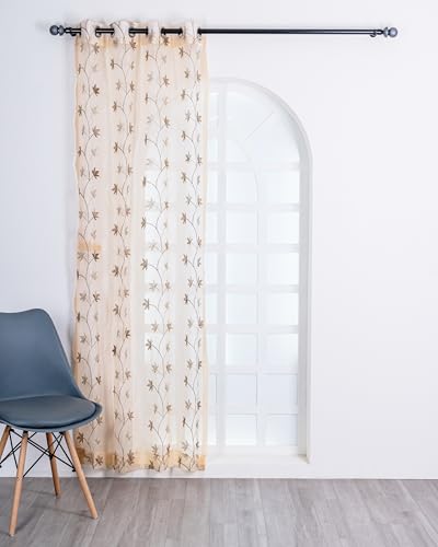 Image of (5 Ft Sheer Tissue with Embroidery Flower Designn | Grommet Curtains Window Curtain | Window Curtain (Brown) | for Home | (Pack of 2) | 152 L X 121 W Centimeters