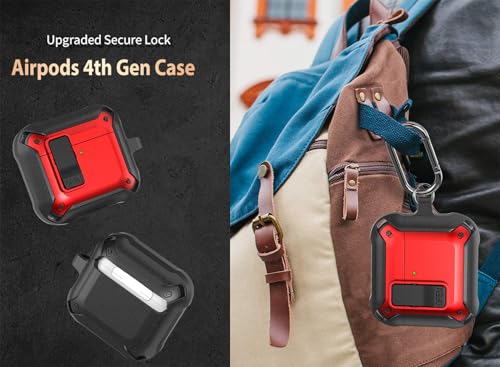 Image of Olytop for Airpods 4 Case with Lock Clid, Rugged Apple Airpods 4th Generation Cover 2024 Men Women, Armor Shockproof iPod 4 Gen Protective Hard Shell with Carabiner&Cleaner kit, Black /Red