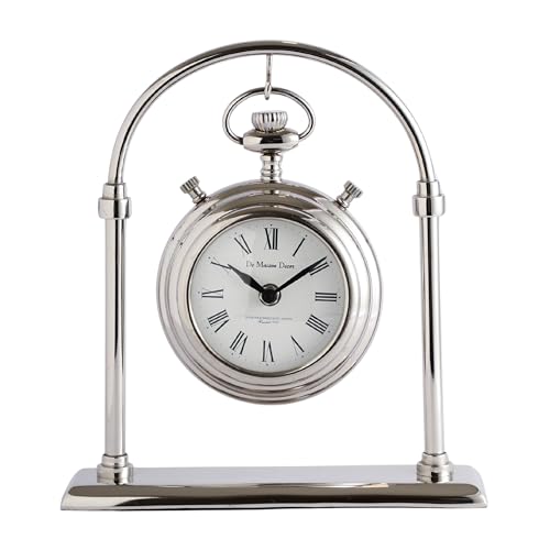 Image of Decor de Maison Handcrafted Archway Timepiece Table Clock for Kids Room, Living Room, Bedroom | Classic Non-Ticking Tabletop Battery Operated Analog Desk Clock in Silver (25x6.5x28cm)