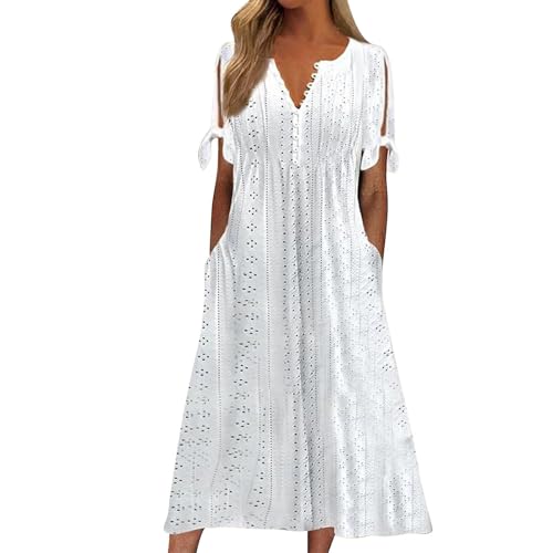 Damen Kleider elegant Sommerkleid Damen Strandkleid Boho Kleid Elegant Einfarbiges V-Ausschnitt A Linie Sommerkleid Lässig Leichte Locker Drapierter Elegantes Kleid