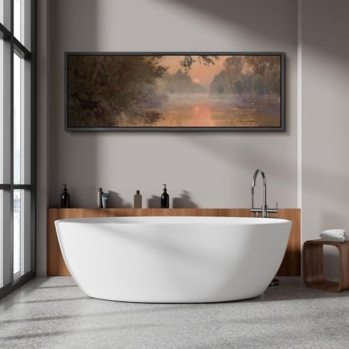 Image of MUDECOR Large Framed Canvas Print Wall Art Serene River Sunset Reflection Soft Nature Landscape Antique Retro Ready to Hang Painting for Living Room Bedroom Multi-Sizes - 60 inchx20 inch