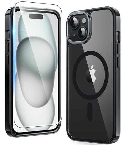 Image of FNTCASE for iPhone 15 Plus Case: Clear Magnetic Phone Cases Compatible with Magsafe Slim Anti Yellowing Rugged Shockproof Protective Transparent Cell Phone Cover (B-Black)