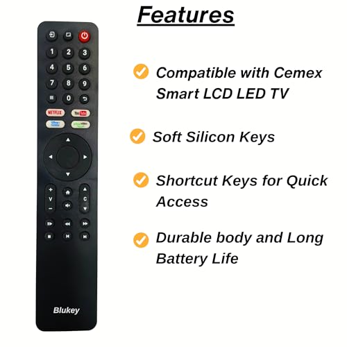 Image of Remote Control for Cemex Smart LCD LED TV, with Netflix, YouTube, Shortcut Keys, Soft Silicon Buttons (Black, Match Old Remote with Picture Before Ordering)