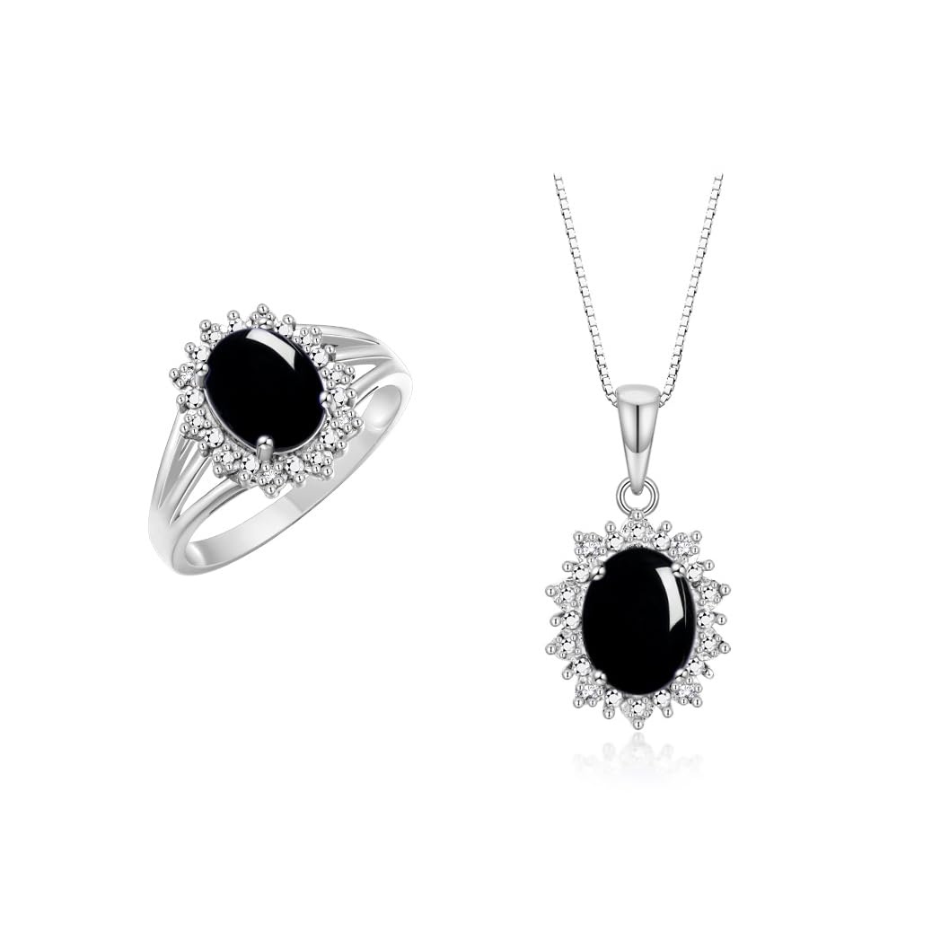Rylos Women's Sterling Silver Princess Diana Ring &amp; Pendant Set. Gemstone &amp; Diamonds, 9X7MM Birthstone. Matching Friendship Jewelry, Sizes 5-10.